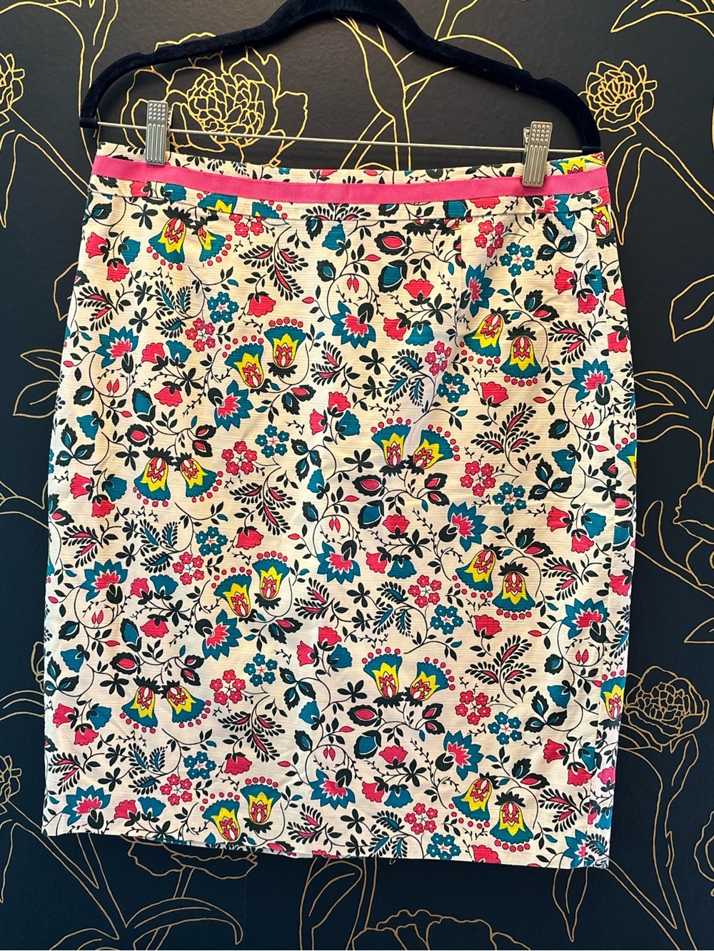 BODEN floral frenzy PRINT pencil skirt RIBBON DETAIL pink blue yellow white 10